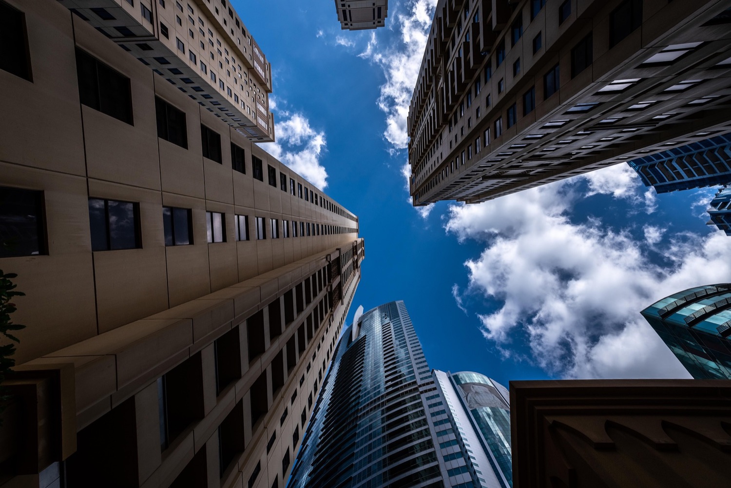 Looking up at contemporary commercial buildings