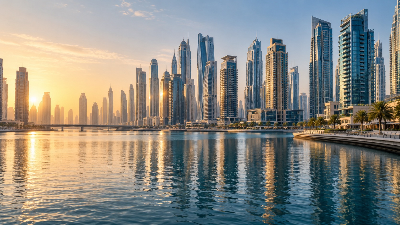 An editorial view of Dubai’s waterfront and modern skyline