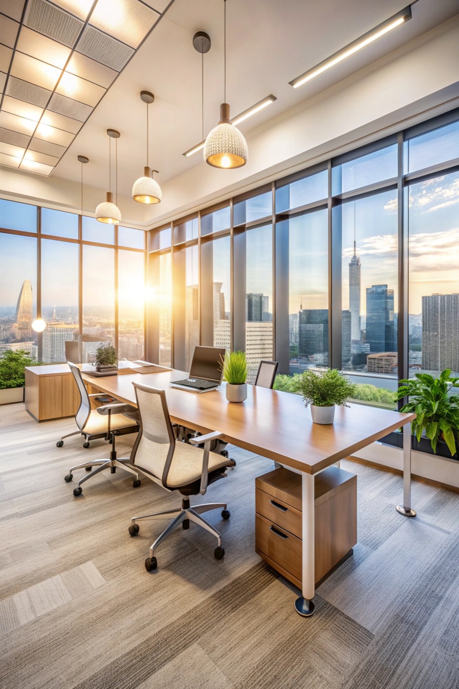 A bright workspace overlooking the city